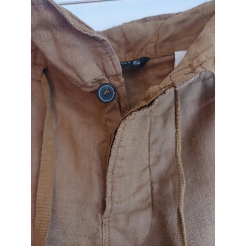 Zara brown linen tapered leg pants womens M paperbag waist button fly beach boho